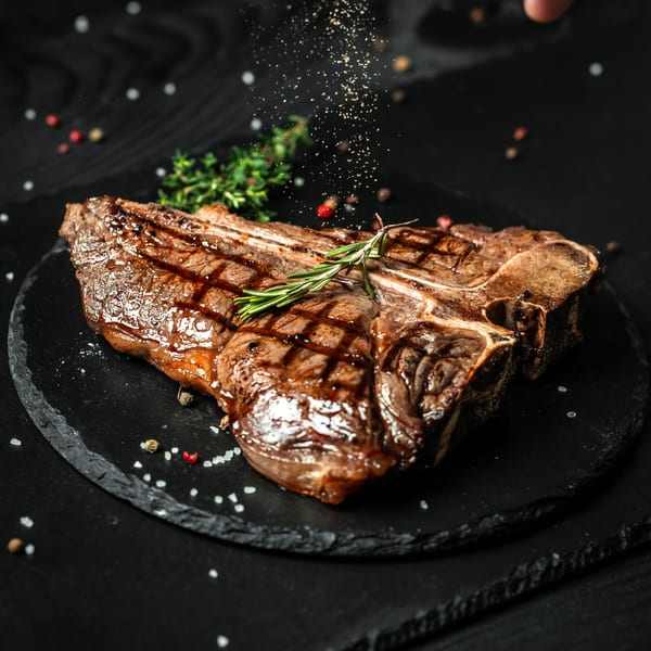 Seasoning being sprinkled over a grilled T-bone steak with rosemary and thyme on a dark plate.
